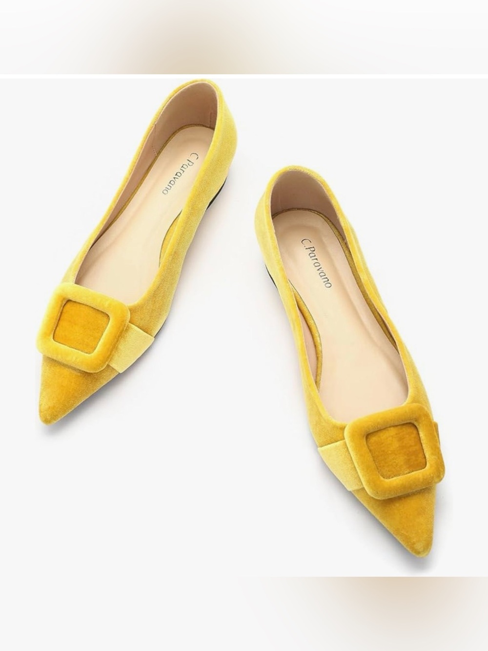 C. Caruana Yellow Velvet Pointed Buckle Flats for Women